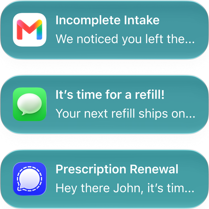 Email, SMS and app notifications for intake, refills and renewals
