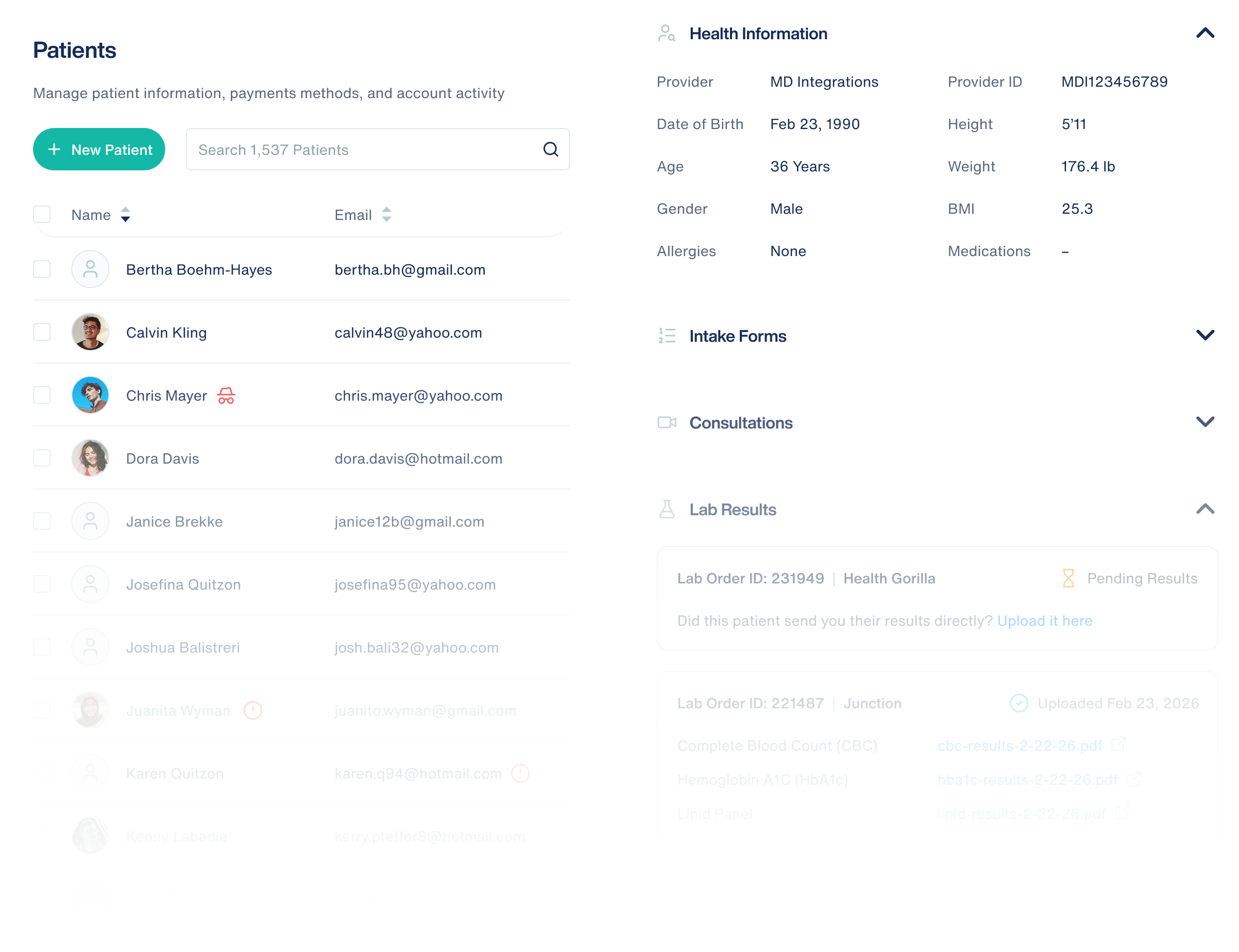 Patients list alongside health information, intake forms, consultations and lab results