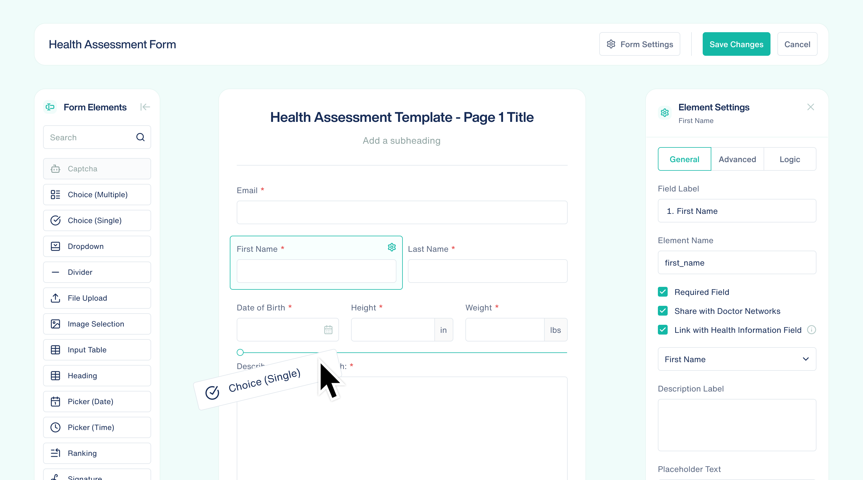 Intake form builder with form elements, a health assessment form and element settings