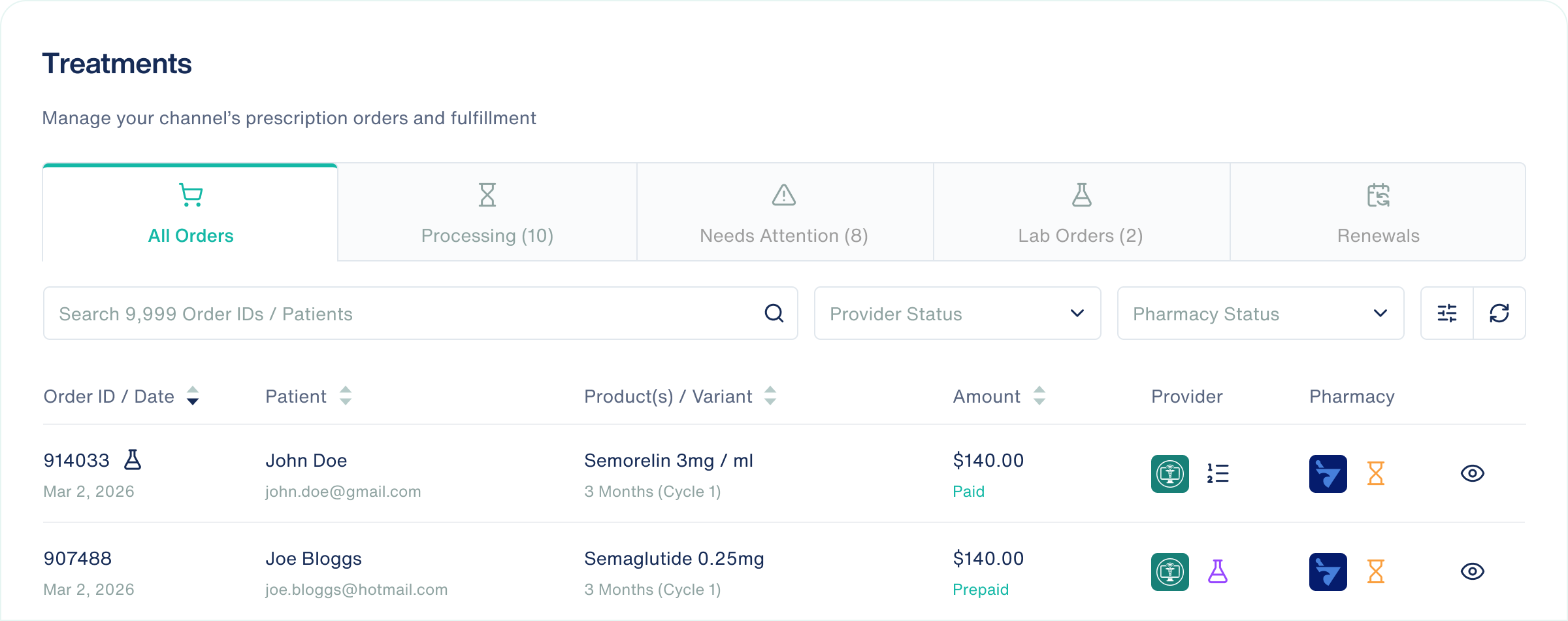 Treatments dashboard with order status, provider and pharmacy for each prescription