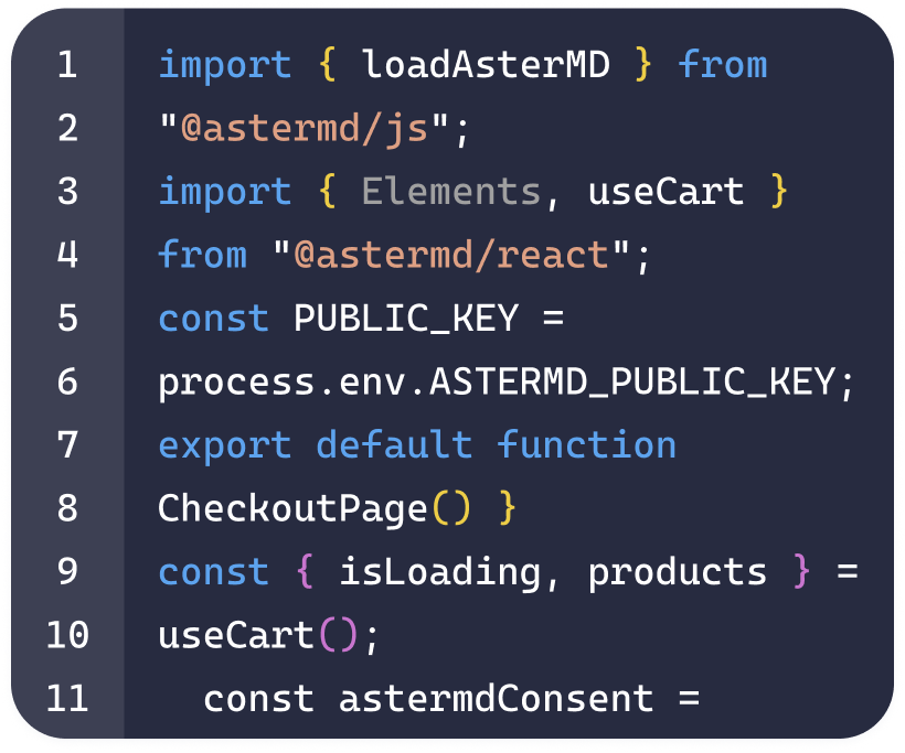 AsterMD JavaScript SDK checkout example